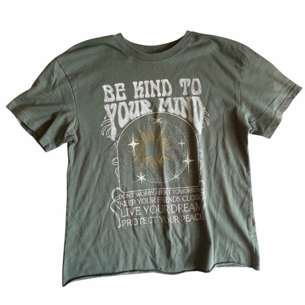 Awake T-Shirt Womens Small Green Be Kind To Your Mind Crew Neck Short Sleeve